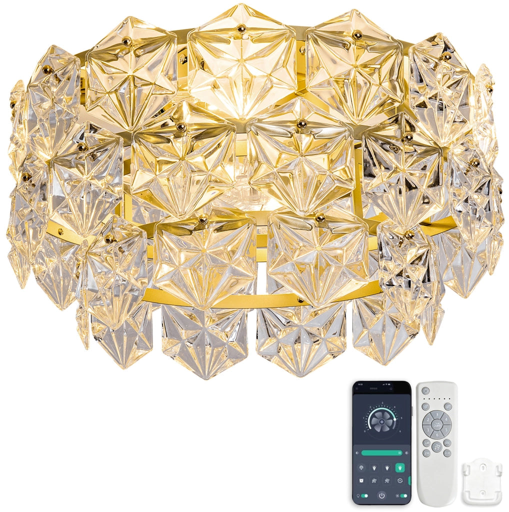 Ventilatore da soffitto con luce e cristalli; 52 cm; oro satinato in metallo e vetro