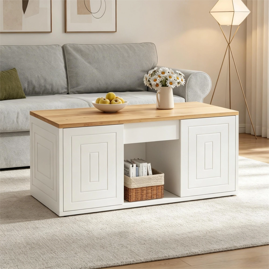 TAVOLO CAFFÈ elevabile 46x95x45 cm bianco e naturale con 2 ante