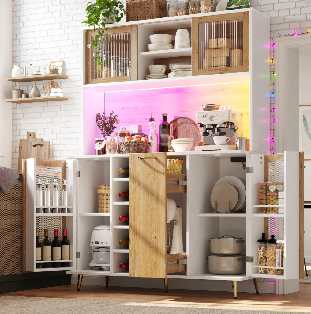 Credenza con illuminazione LED; portabottiglie e presa integrata in MDF bianco e naturale