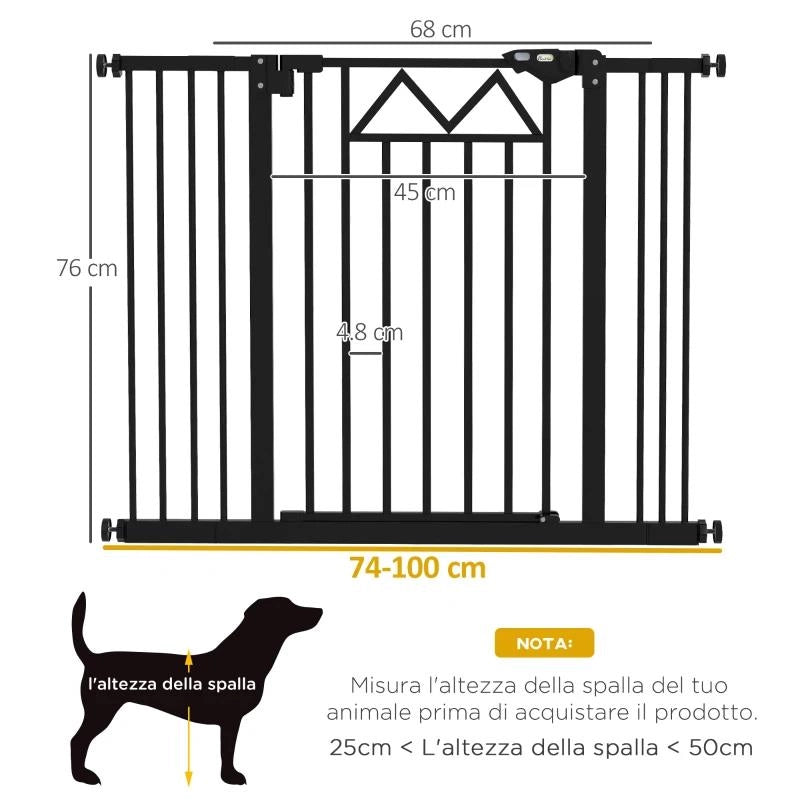 CANCELLETTO PER CANI CON 4 VITI REGOLABILI E NASTRO ADESIVO, IN METALLO E PLASTICA, 74-100X76 CM, NERO