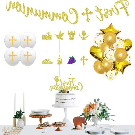 Decorazioni per la prima comunione - Banderina dorata, palloncini e tovagliolini per la festa della prima comunione, per bambini e bambine