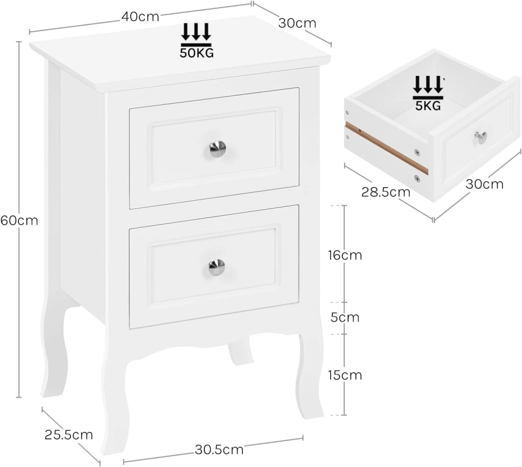 Set di 2 Comodini Shabby Chic Bianchi con 2 Cassetti per Camera da Letto Comodino da Notte in MDF 40x30x60cm TS119ws