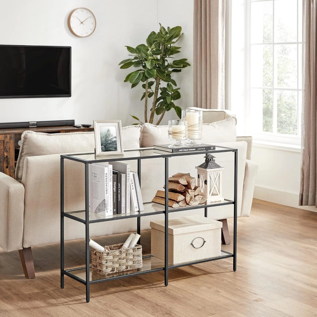VASAGLE Consolle Ingresso, Tavolo Consolle, Scaffale a 3 Ripiani in Vetro Temperato, 30 x 100 x 73 cm, Struttura Metallo, Corridoio Soggiorno Camera da Letto, Nero LGT027B01