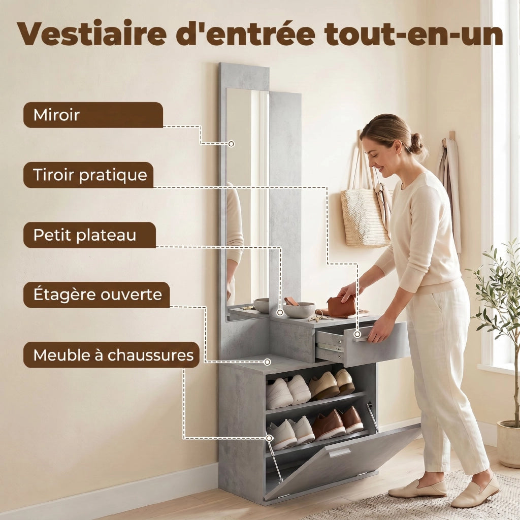 Ensemble meuble d'entrée avec Miroir, Tiroir 61 x 30 x 170 cm Gris