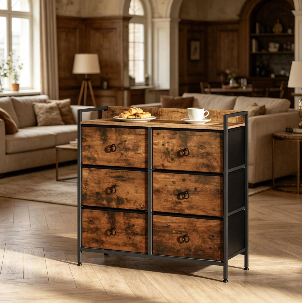Cassettiera con 6 cassetti in tessuto 80x29x78 cm marrone rustico e nero