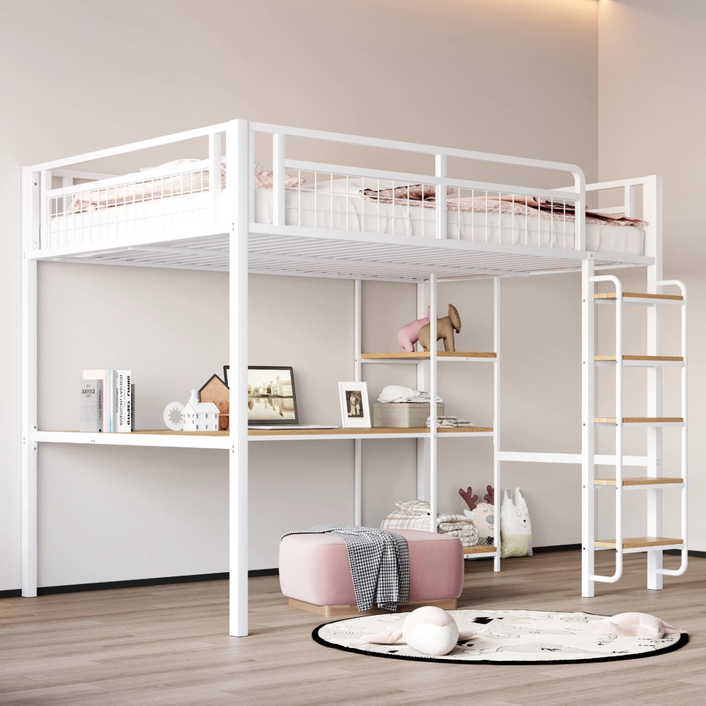 OKWISH Letto a soppalco 140×200 cm, Letto Matrimoniale con Scala a Gradini, Scrivania e Mensole, senza Materasso, in Metallo, Bianco