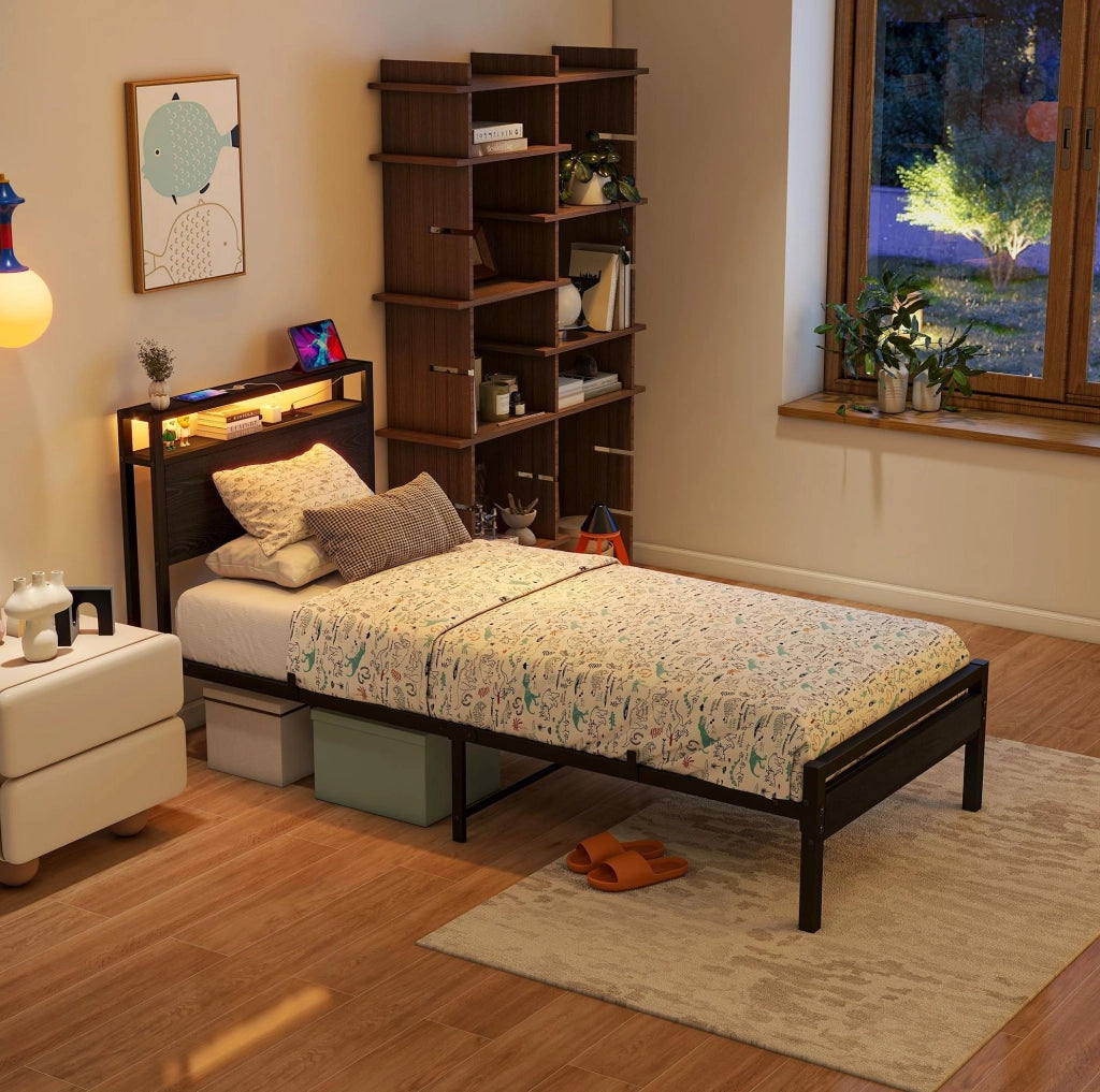 Letto singolo 90x200 cm in metallo con USB e testiera contenitore
