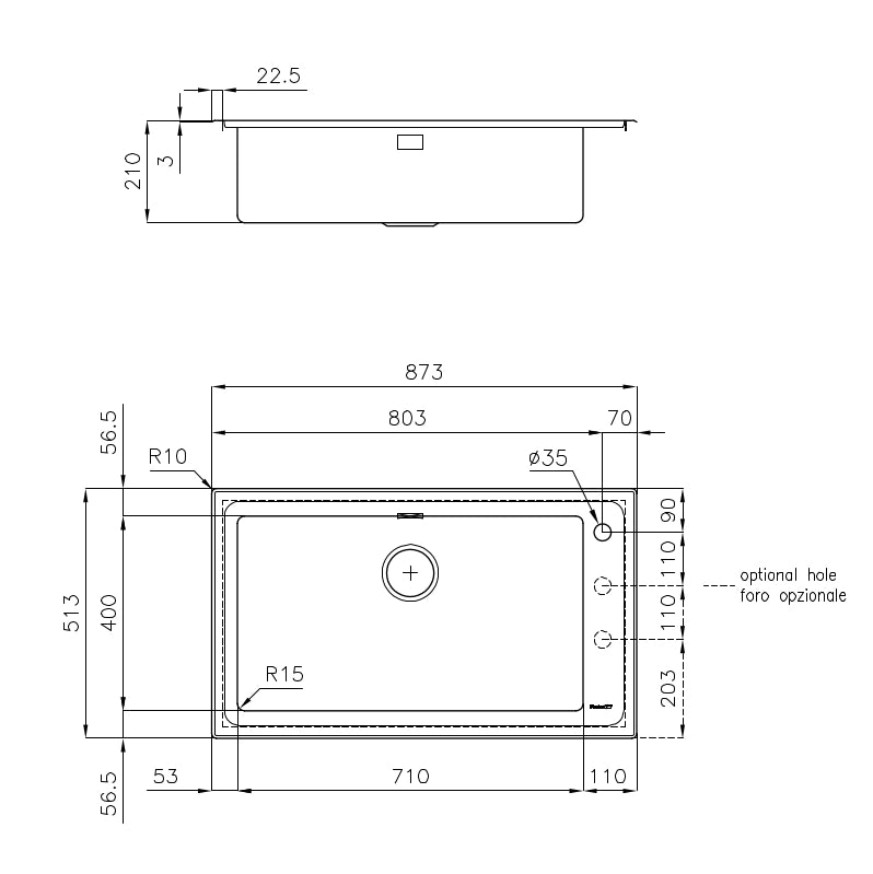 Foster 2287050 lavello ke lavello in acciaio inox, vasca inox dimensioni 873x513 mm