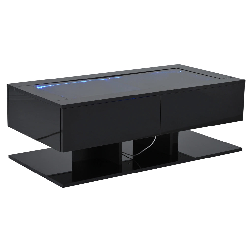 Tavolino basso con 2 cassetti, piano in vetro temperato e LED, finitura lucida, per soggiorno, nero, 100 × 50 × 35 cm