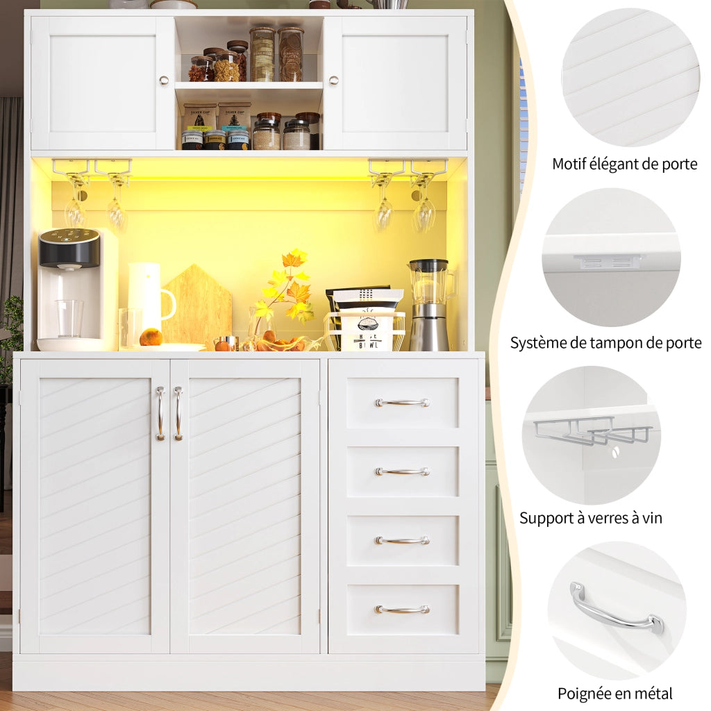 Credenza da cucina con 4 ante; 2 cassetti; ripiano snack; portabottiglie e LED; in MDF; 120x40x188 cm; Bianco