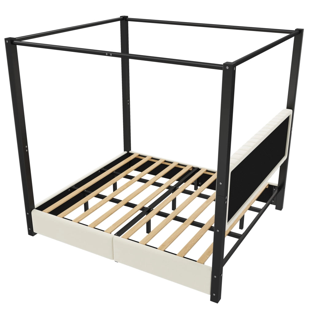 Letto a baldacchino 180x200 cm con testiera in velluto MDF e metallo beige e nero