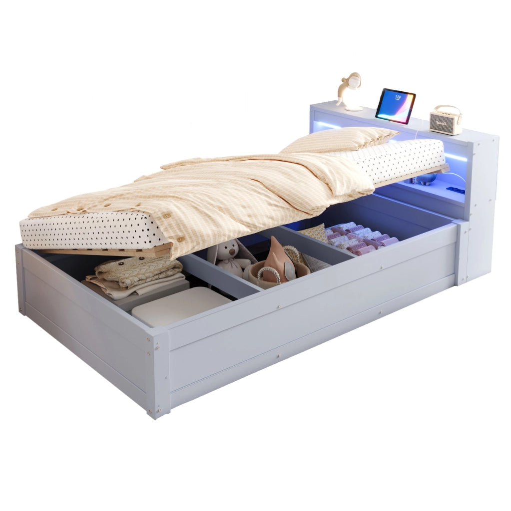 Letto multifunzione 90x200 cm con presa integrata; LED e contenitore; grigio