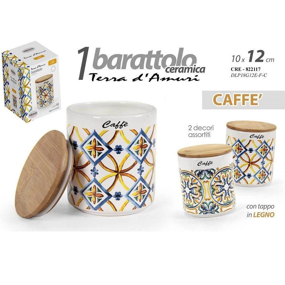Trade Shop - Barattolo Ceramica Caffè Tappo Legno Ermetico Cucina Terra D'amuri 12x10cm 822117 -