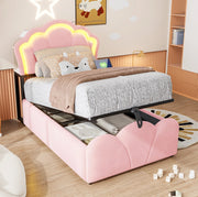 Letto imbottito 90x200 cm in velluto rosa con contenitore idraulico; LED e prese integrate