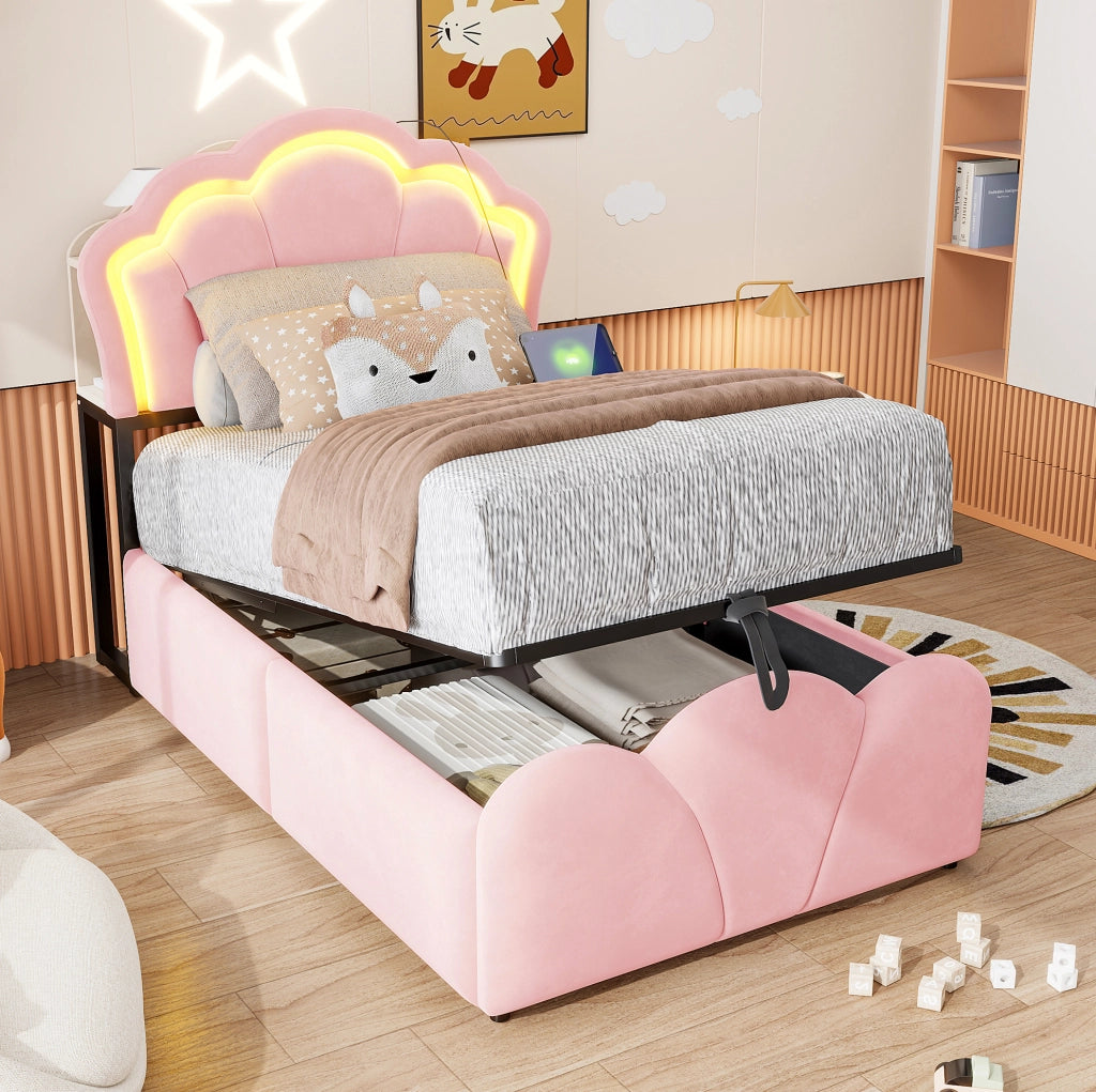 Letto imbottito 90x200 cm in velluto rosa con contenitore idraulico; LED e prese integrate