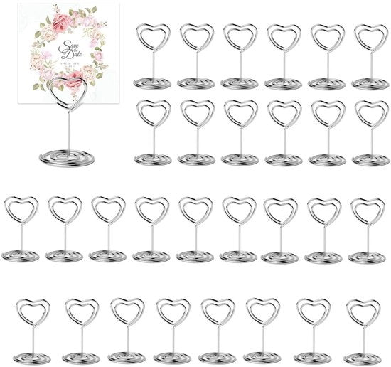 30 Houders di Posizione in Argento, 30 Supporti per Foto e Menu, 30 Stand per Carte, 30 Supporti per Foto con Clip, 30 Hanger per Ricordo, 30 Hanger per Posizione, per Matrimoni, Feste e Cene (a forma di Cuore)