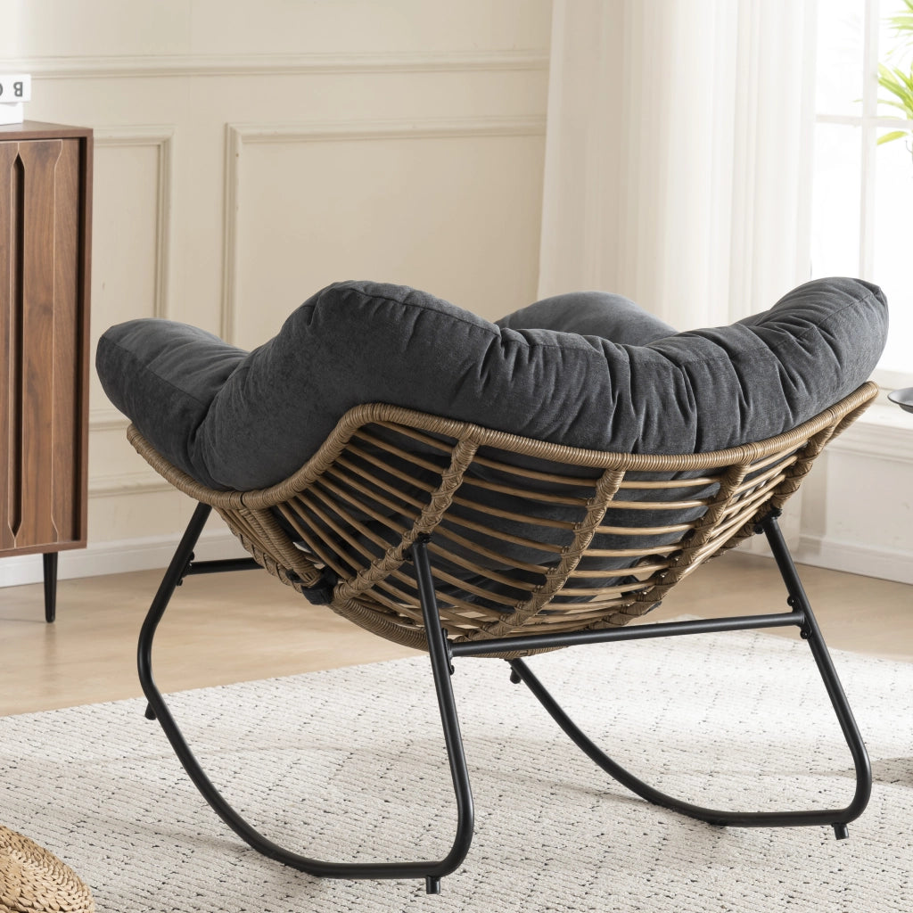 Poltrona a dondolo papasan in ciniglia con struttura ergonomica e funzione relax per soggiorno, camera da letto e terrazzo, nero