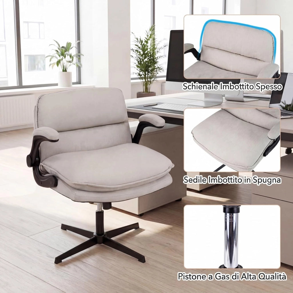 Sedia da Ufficio, Poltrona Relax Altezza Regolabile (Senza Ruote) | Funzione Dondolo, Braccioli Ribaltabili e Base Robusta, per Ufficio Studio Soggiorno, Portata 150 kg