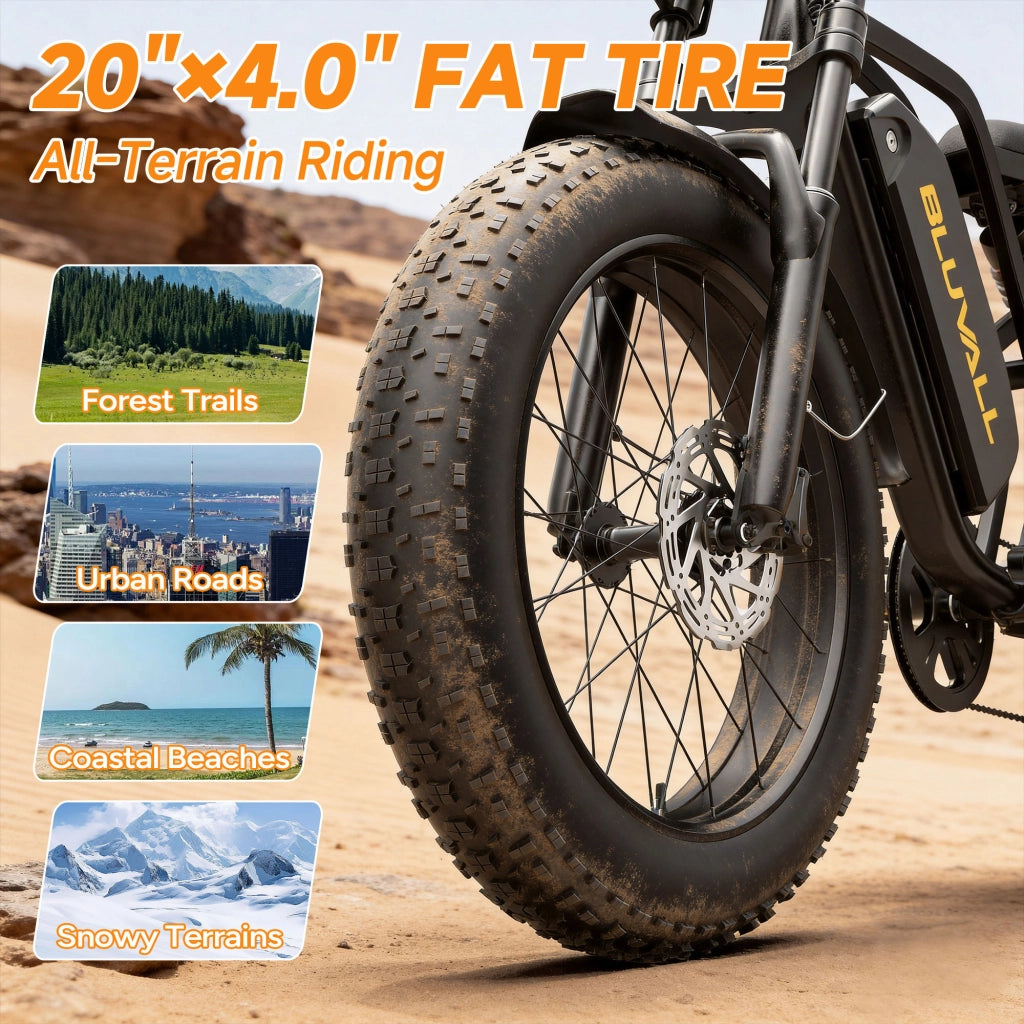 Bici Elettrica 20" Fat Bike 250W (Picco 1500W), Batteria 52V 20Ah Rimovibile con Serratura, Freni Idraulici + Doppia Sospensione Idraulica, Shimano 7 Marce, Bici per Citt¨¤ e Fuoristrada Portata 150kg