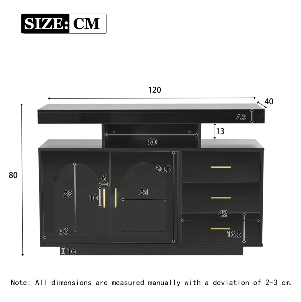 Sideboard buffet moderno 120x40x80 cm in truciolare nero lucido con LED RGB e ante in acrilico