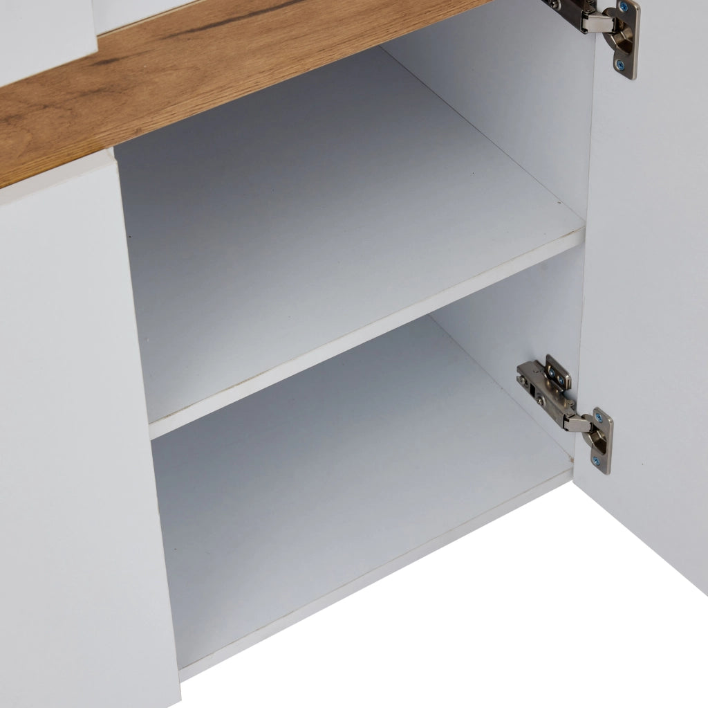 Credenza 140x40x70 cm con LED controllato da app e 3 ante in truciolato bianco e naturale