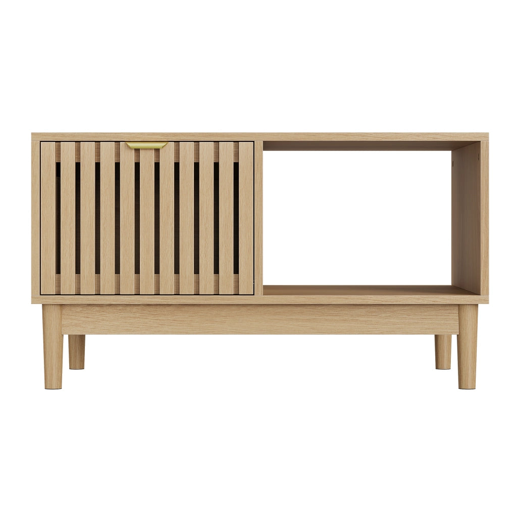 Tavolino da salotto con 1 cassetto; vani a giorno e struttura a doghe; gambe in legno massello; rovere; 80 × 50 × 45 cm