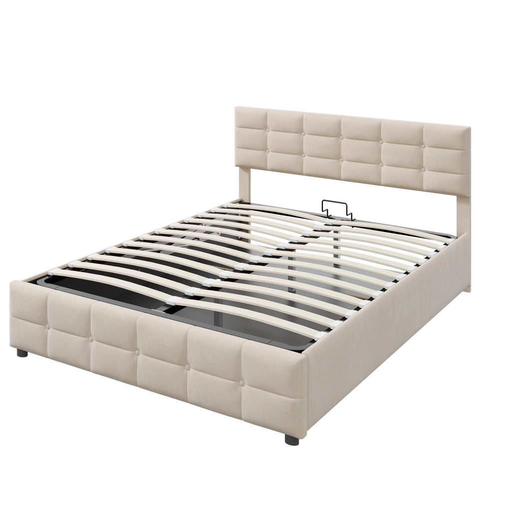Letto imbottito 180 × 200 cm 2 posti con contenitore idraulico, senza materasso, in velluto beige
