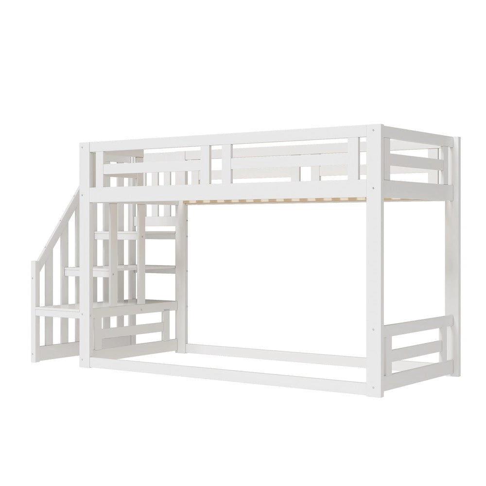 Letto a Castello Basso per Bambini con Scala ¨C MINIMAL ¨C Massello Bianco, Doghe, 90x200