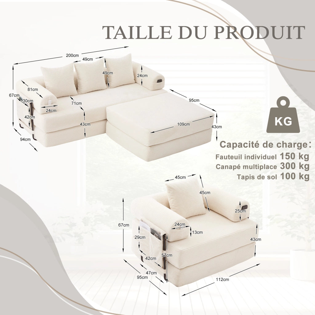 Divano modulare con pouf, tasca laterale e cuscini, struttura in metallo e tessuto a coste beige per soggiorno