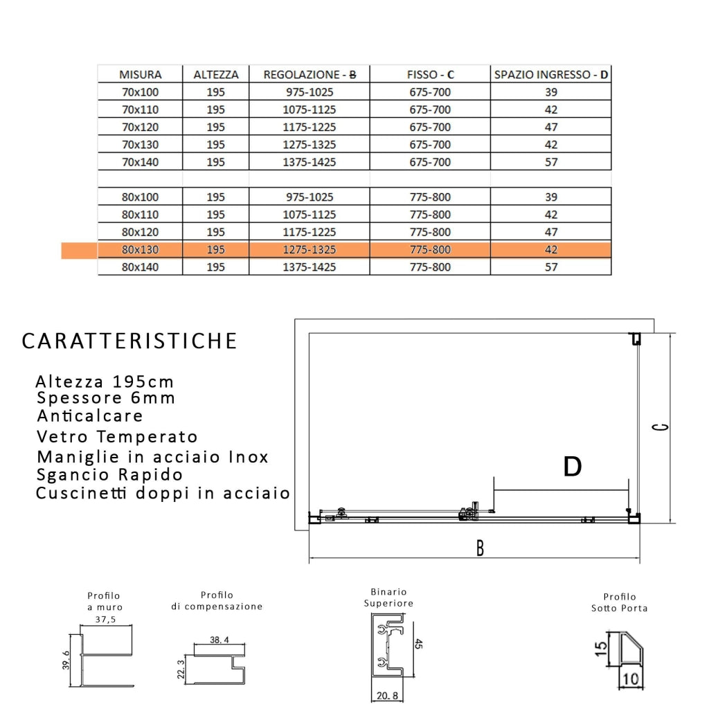 Box Doccia Angolare 80x140 cm 1 Anta Scorrevole in Cristallo Trasparente 6mm H195 Bonussi Eliane