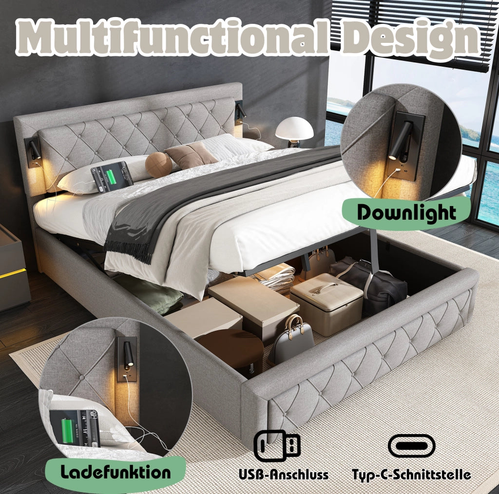Letto contenitore 160 × 200 cm con LED; USB e rete a doghe; lino grigio
