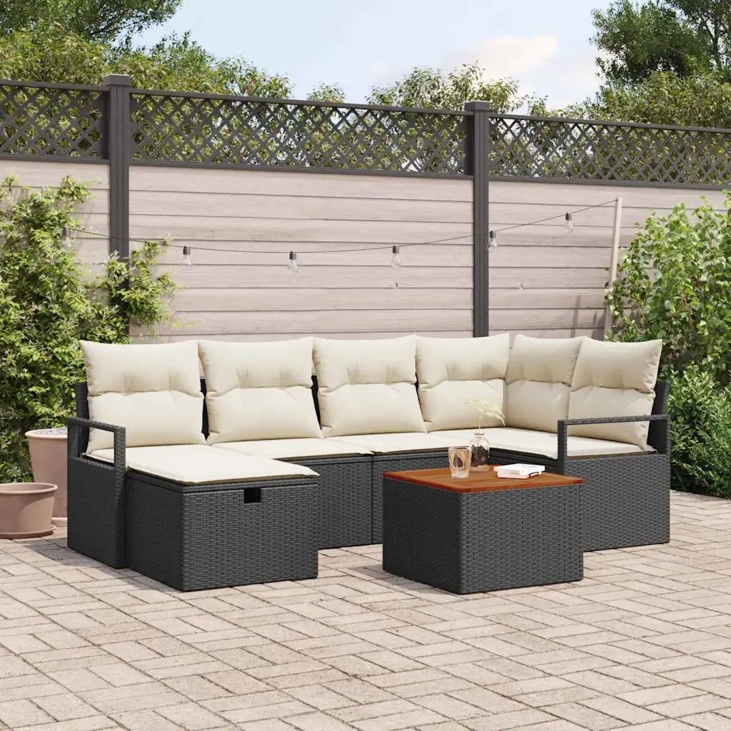 Set Divano da Giardino con cuscino 7 pcs Nero polyrattan