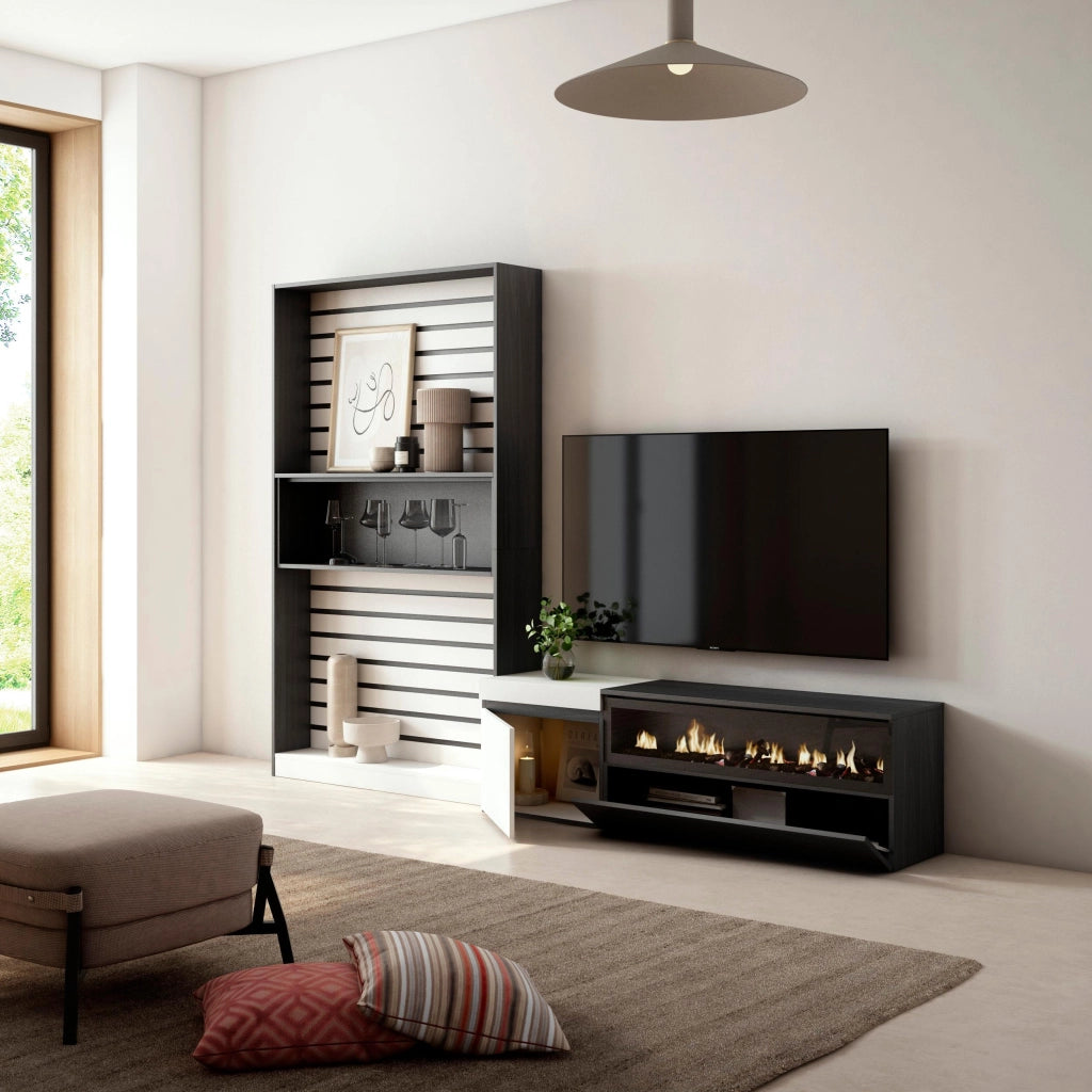 Mobile TV, Soggiorno, 260x35x186cm, Per TV fino a 65", Camino elettrico, Bianco e nero RF2548