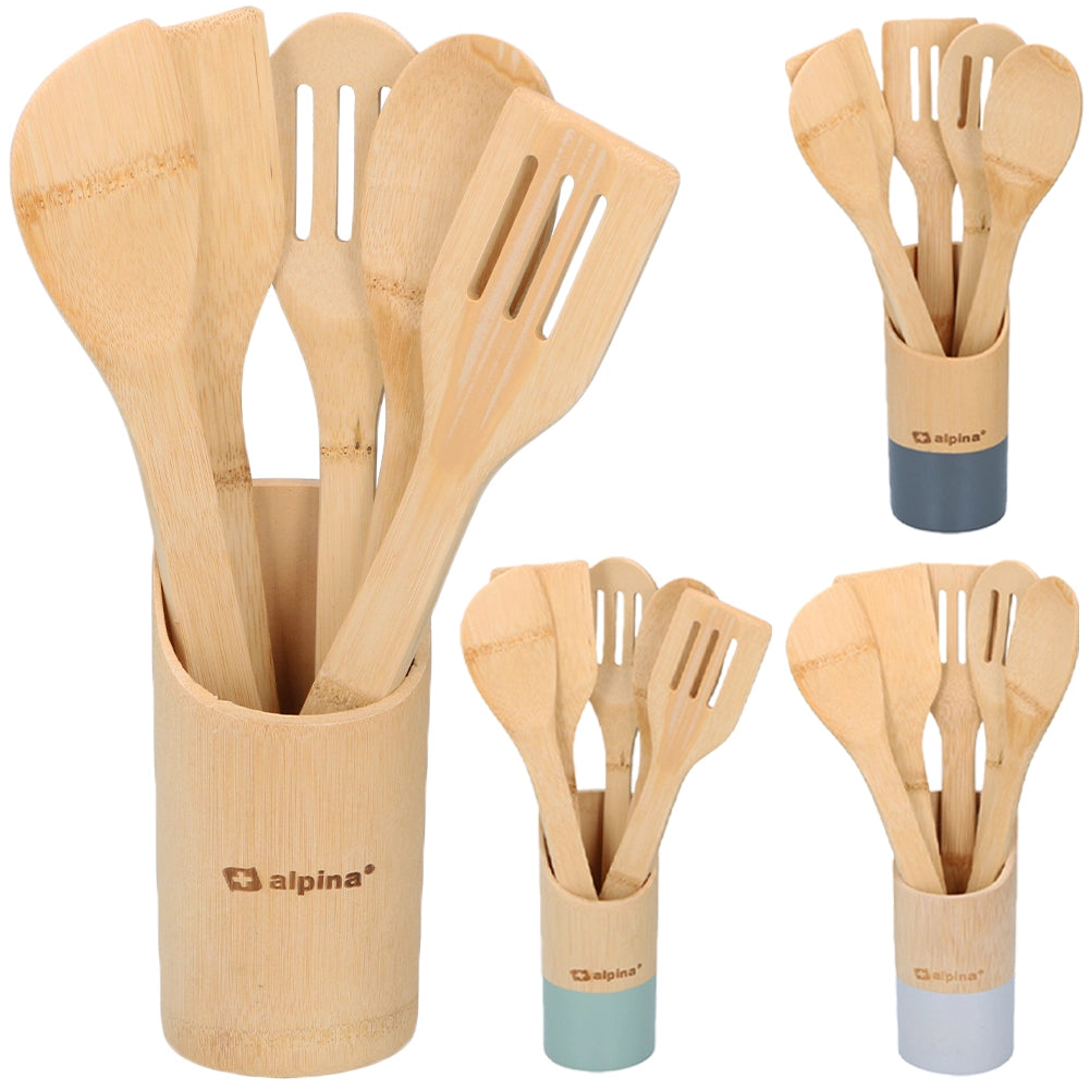 Set 6 Utensili da Cucina in Bambù Lunghezza 30 cm Antigraffio Colori Assortiti