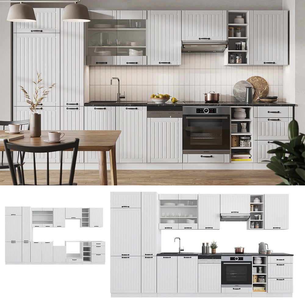 Vicco Cucina componibile Casa di campagna bianca/bianco 355 cm con armadio alto, senza piano di lavoro