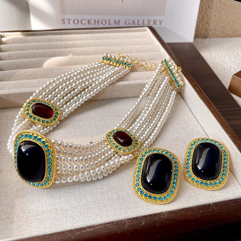 Orecchini pendenti vintage in stile western retr¨° con pietre preziose e collana multistrato di perle