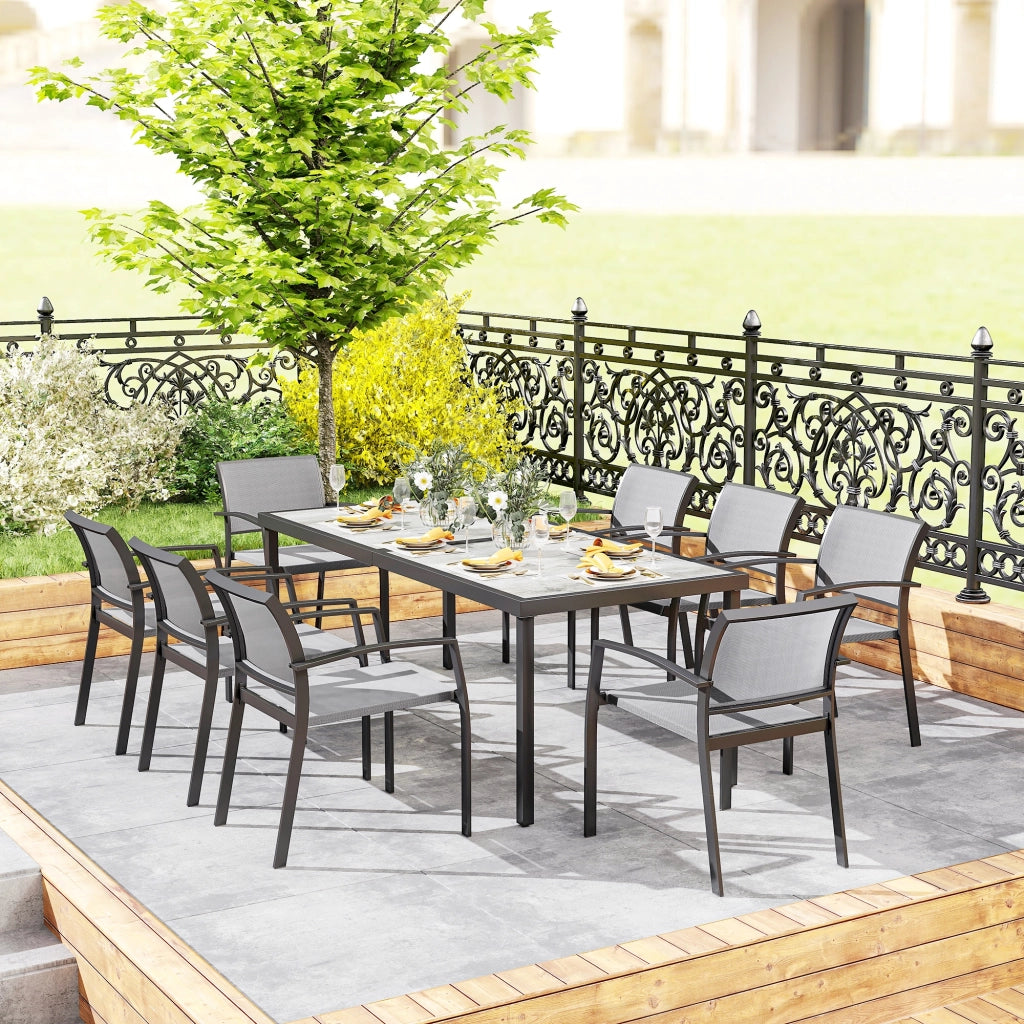 Set da Giardino con Tavolo da Pranzo Rettangolare e 8 Sedie Impilabili con Braccioli Grigio