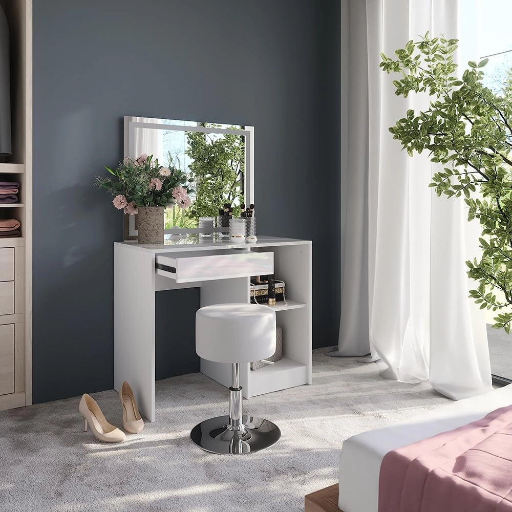 Tavolo da toeletta Sherry, Bianco/bianco lucido, 89.8 cm con specchio LED e sgabello, per l’uso quotidiano come postazione trucco e acconciatura