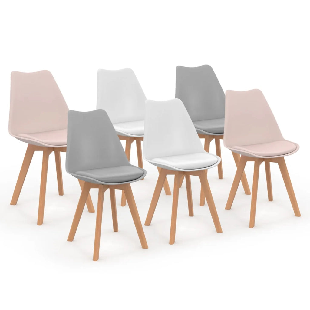 IDMarket - Set di 6 sedie scandinave SARA, mix di rosa pastello x2, grigio chiaro x2 e bianco x2