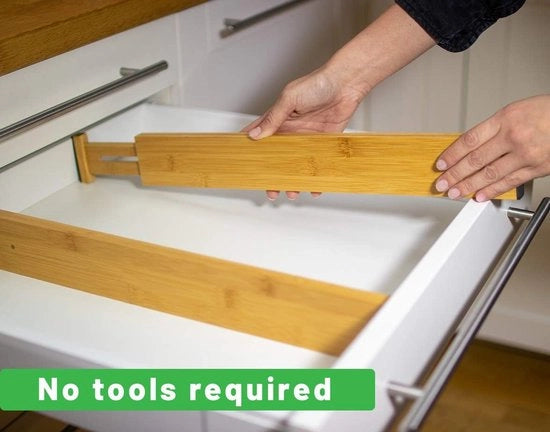 Ladeverdelers di bamboo per la cucina, ladeopslag con regolabile e estendibile molletta, ideale per cucina, camera da letto, comodino, cassetti per bambini e armadietto (30-43 cm)