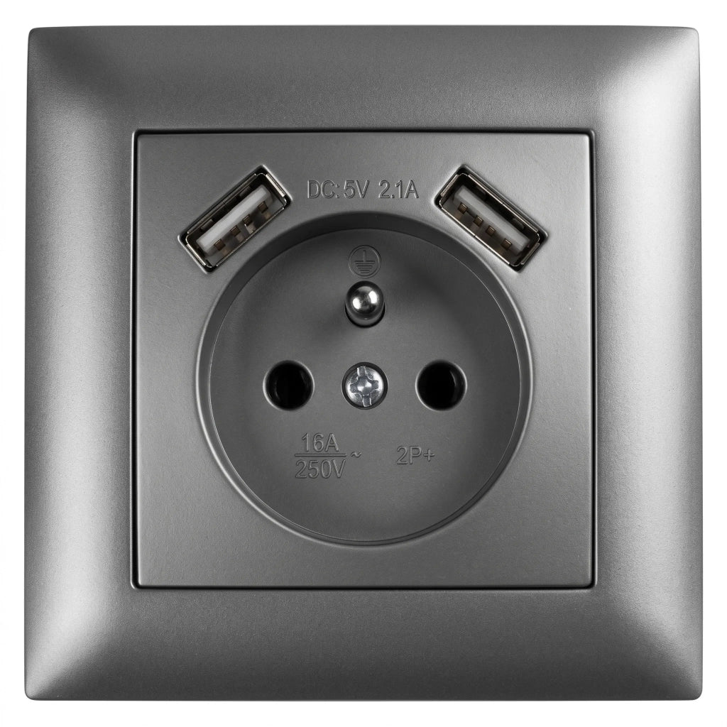 Presa Singola Con Messa A Terra + 2x Usb-a Oste Jnh003-g Grey