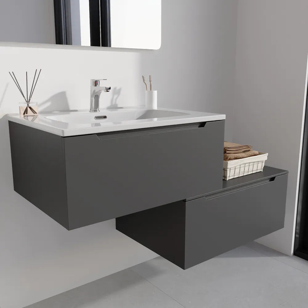 Mobile bagno sospeso modulare 60 cm grigio opaco due cassetti con lavabo | Bako