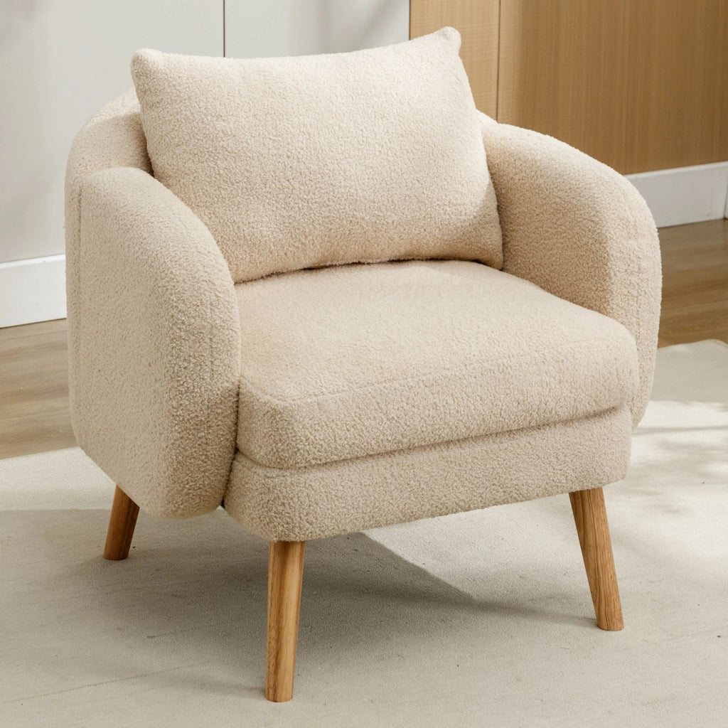 Poltrona in tessuto teddy con cuscino schienale sfoderabile, seduta spessa e base in legno massello per relax beige