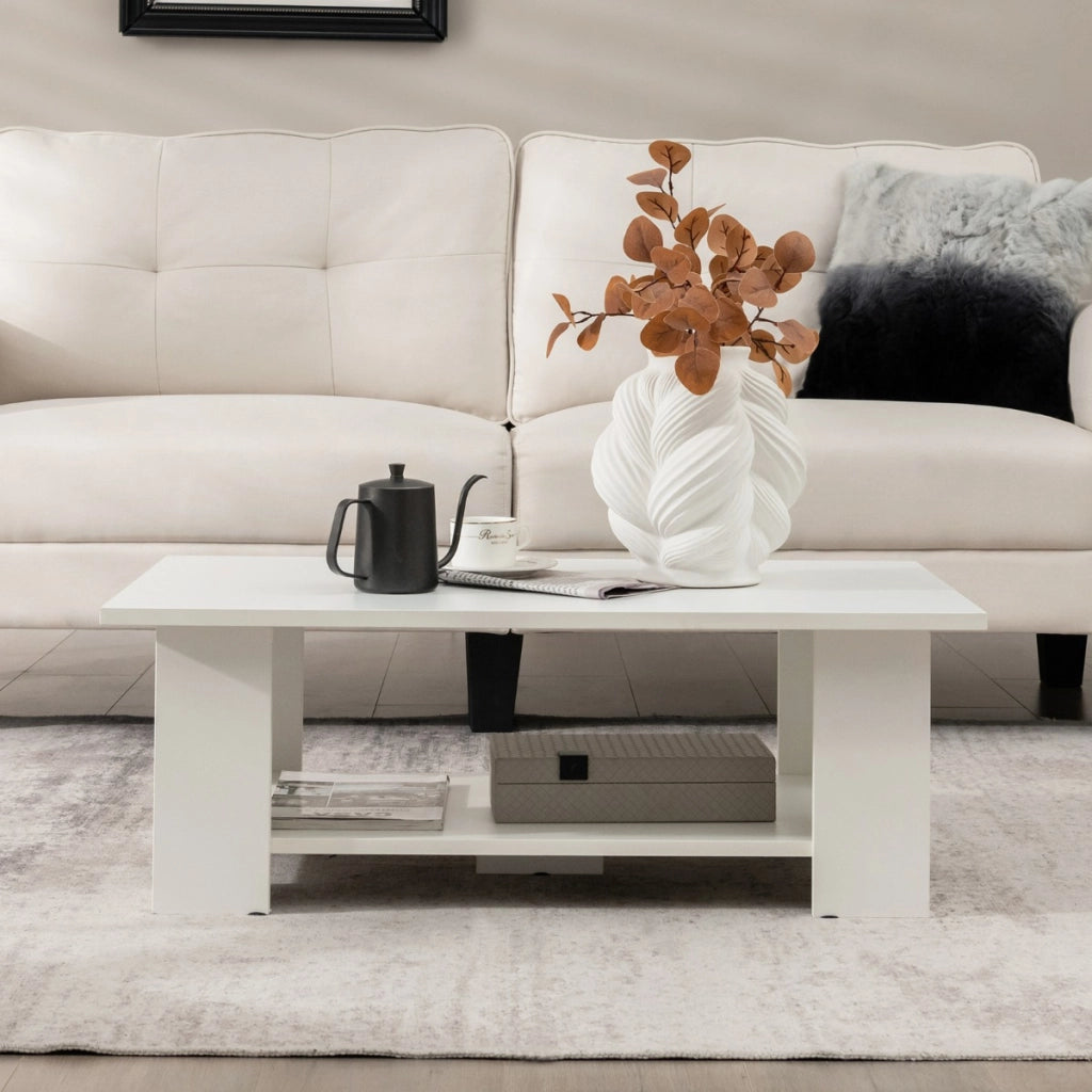 Tavolo da t¨¨ rettangolare in legno a 2 livelli, Tavolino da caff¨¨ moderno con ripiano aperto Bianco-Tavolini da salotto