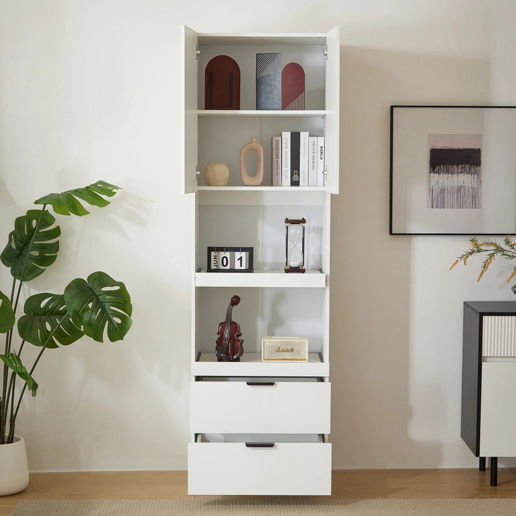 Mobile dispensa da cucina con 1 anta, 2 ripiani aperti e 2 cassetti, con antiribaltamento, bianco 59,5 × 45 × 200 cm