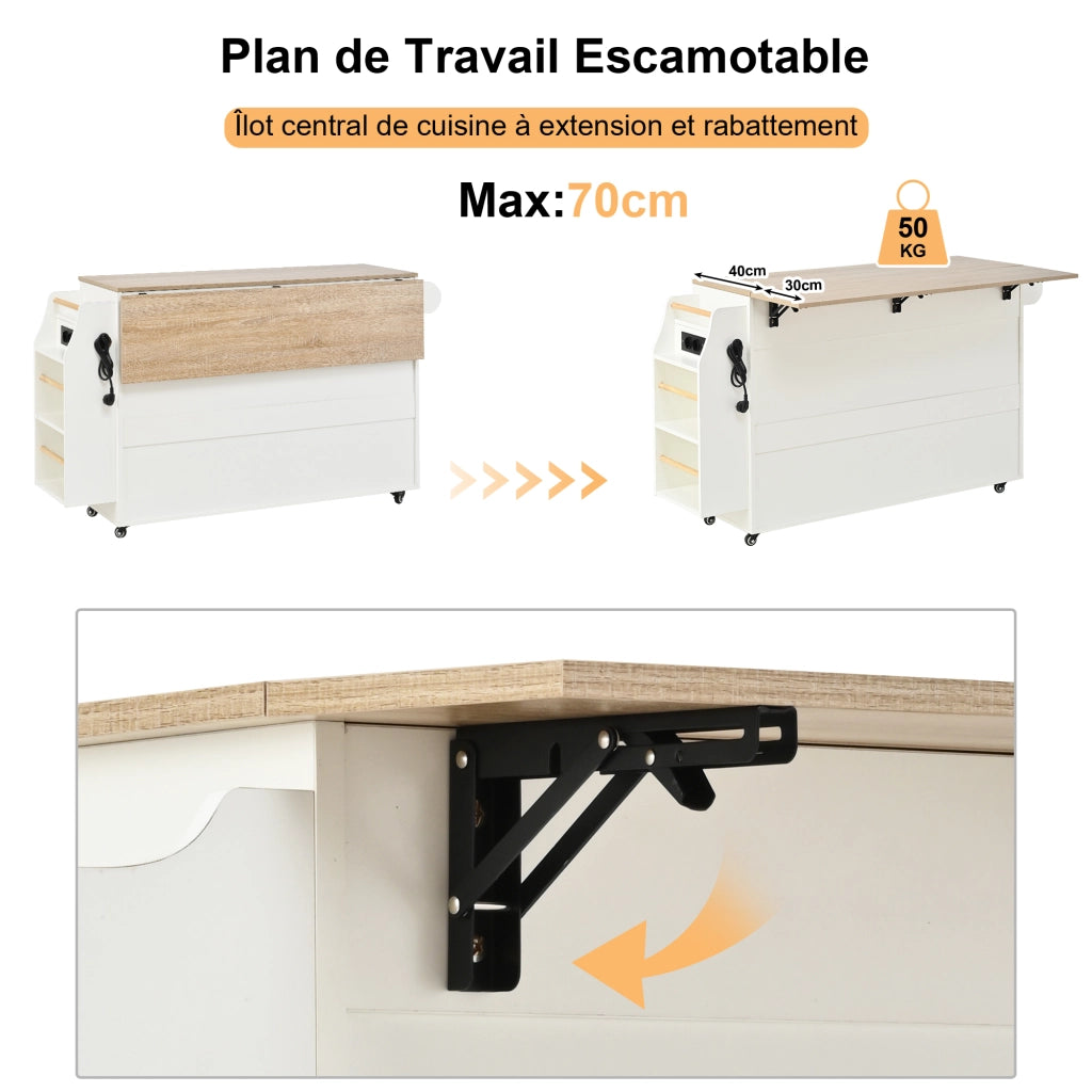 Mobile contenitore da cucina su ruote con piano estraibile, prese e USB, MDF bianco 120 × 40 × 90 cm