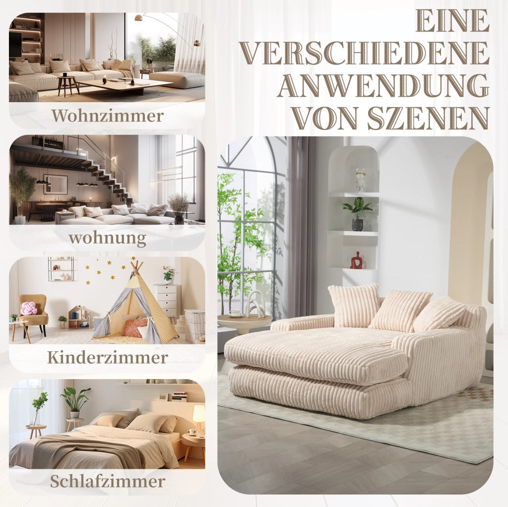 Chaise longue da interno in tessuto corduroy con 3 cuscini; 125x155x63 cm; beige