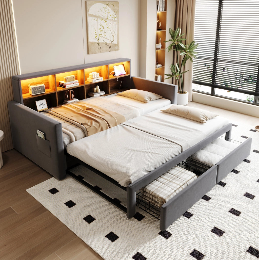 Letto imbottito estraibile 90x190 cm con contenitori, LED e prese