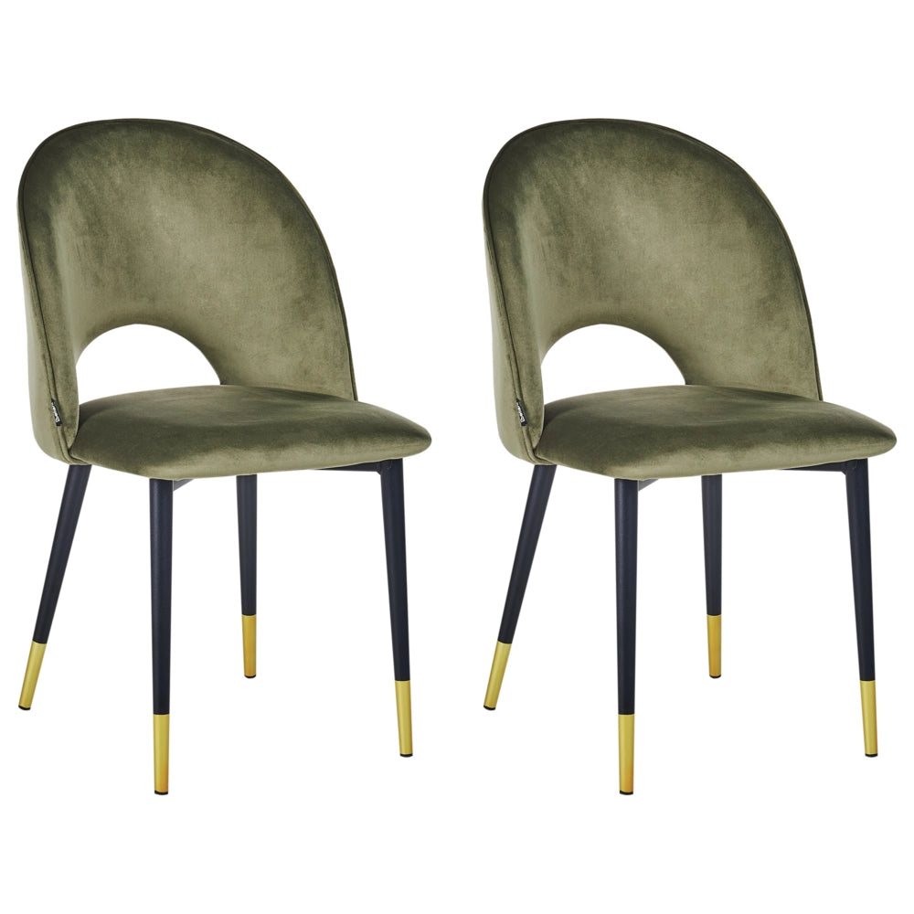 Set di 2 sedie da pranzo rivestimento in velluto verde oliva gambe nere stile glamour retrò