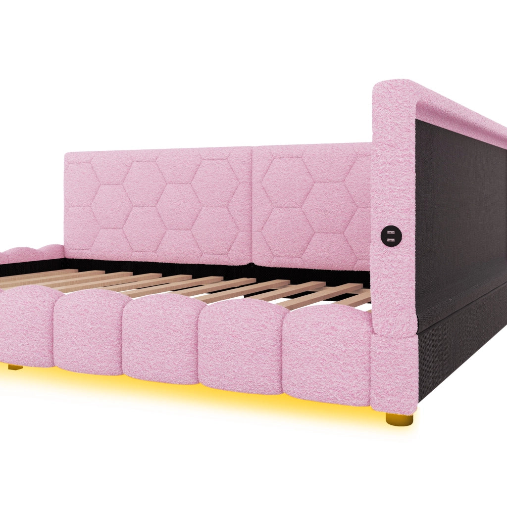 Divano letto 140x200 cm con luci LED; velluto e MDF; rosa (Senza materasso)
